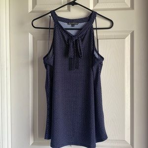 Adrianna Pappell, navy blue with white polka dots, halter tie neck blouse, M